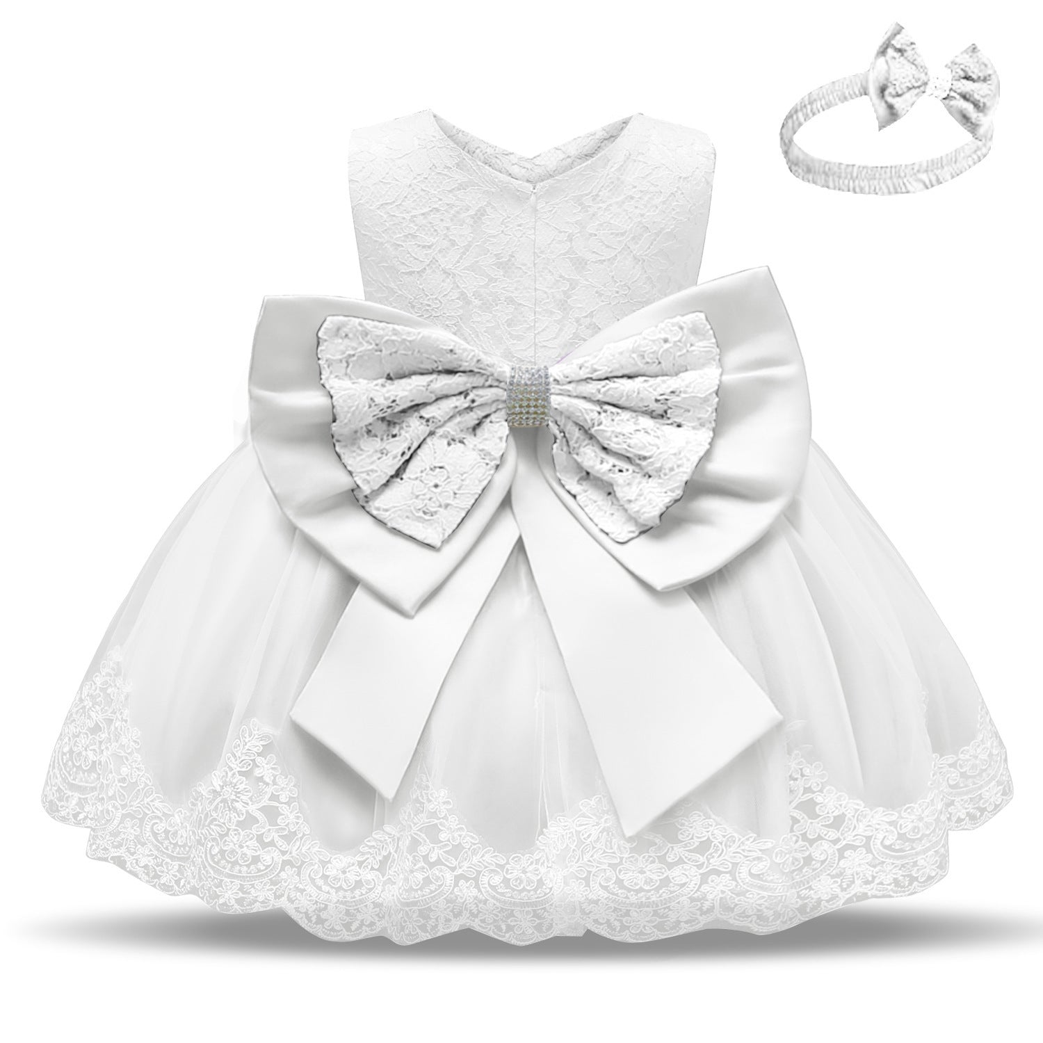 Baby Girls White Baptism Dress – Princess Birthday & Christening Ball Gown (12-24M)