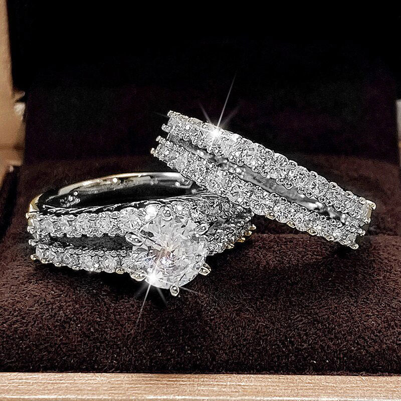 Hollow Double Layer Zircon Engagement Ring Set