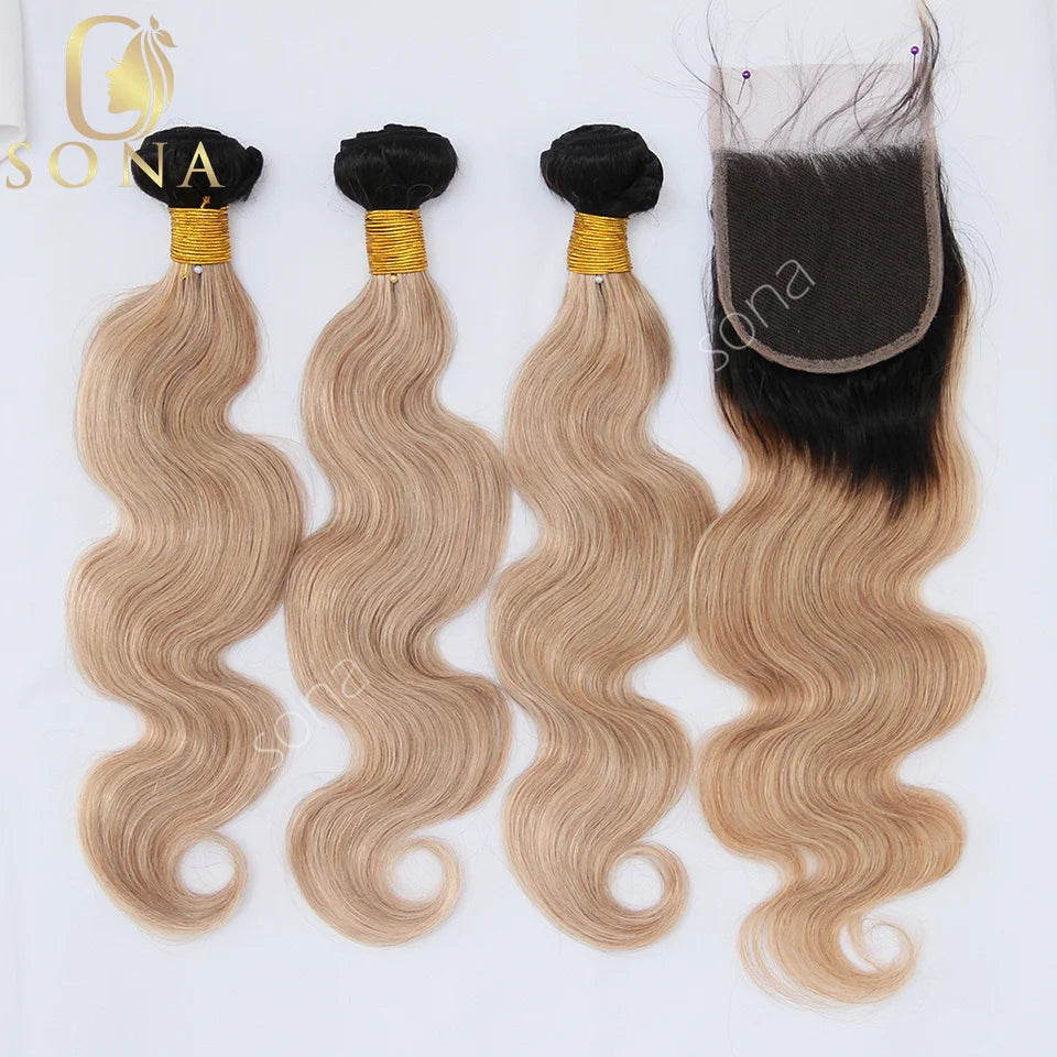 Honey Blonde Ombre Hair Bundles – 3 Bundle Set with Closure & HD Lace