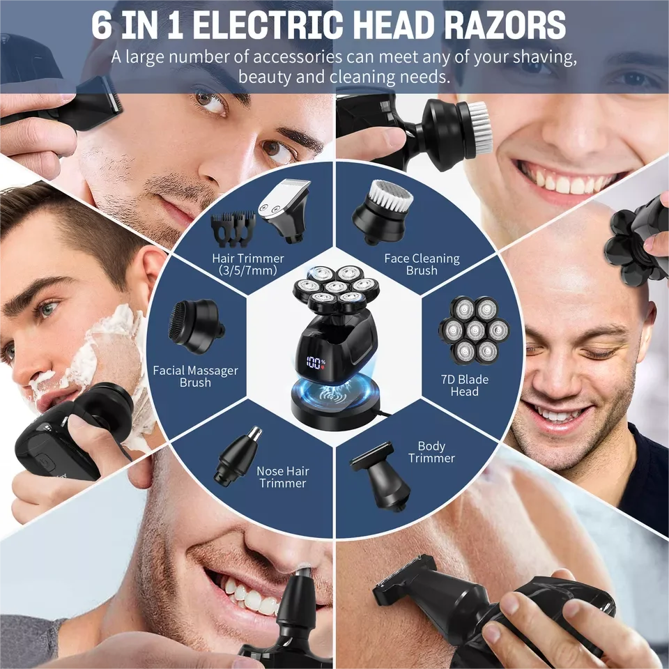 SEJOY 6-in-1 Electric Head Shaver – 7D Razor, Waterproof Grooming Kit