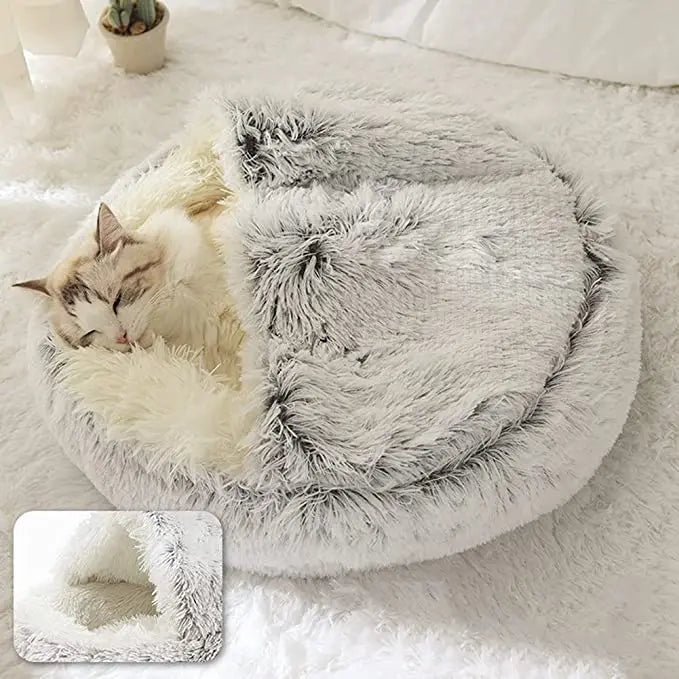 Winter Plush 2-in-1 Cat Bed & Cushion House for Small Dogs & Cats – Warm Sleep Bag & Nest