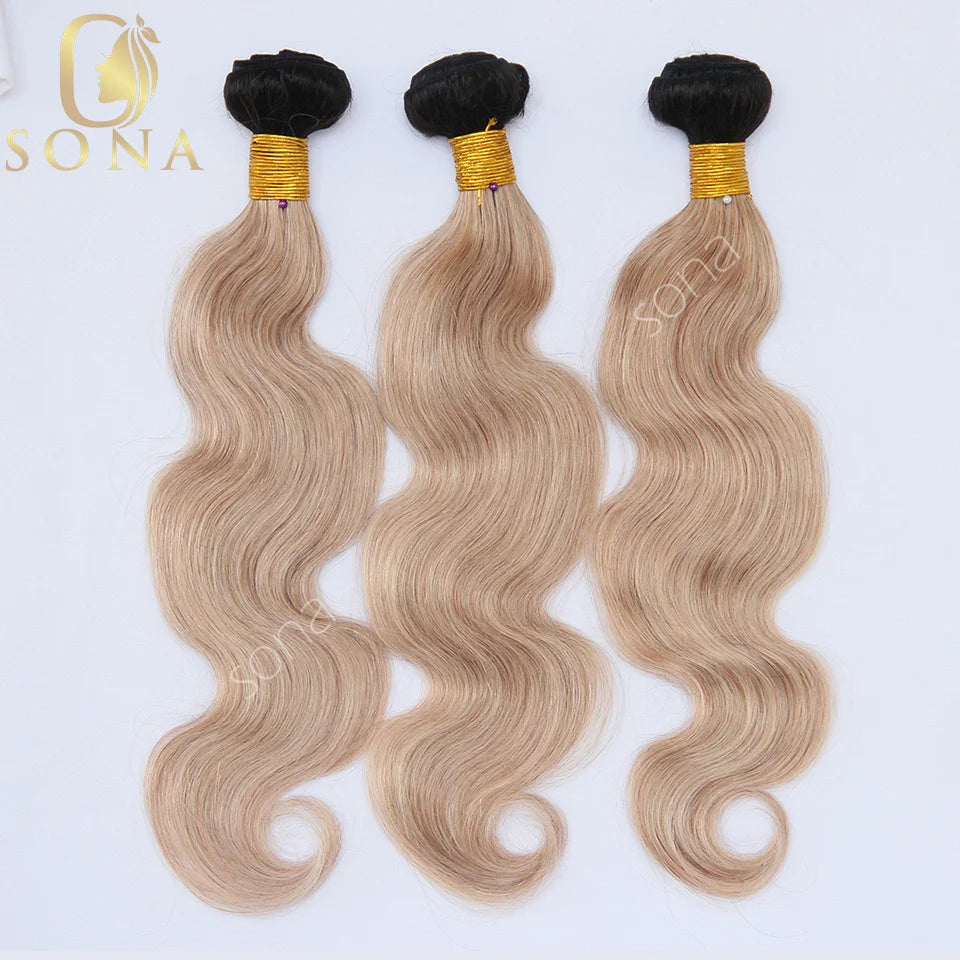 Honey Blonde Ombre Hair Bundles – 3 Bundle Set with Closure & HD Lace