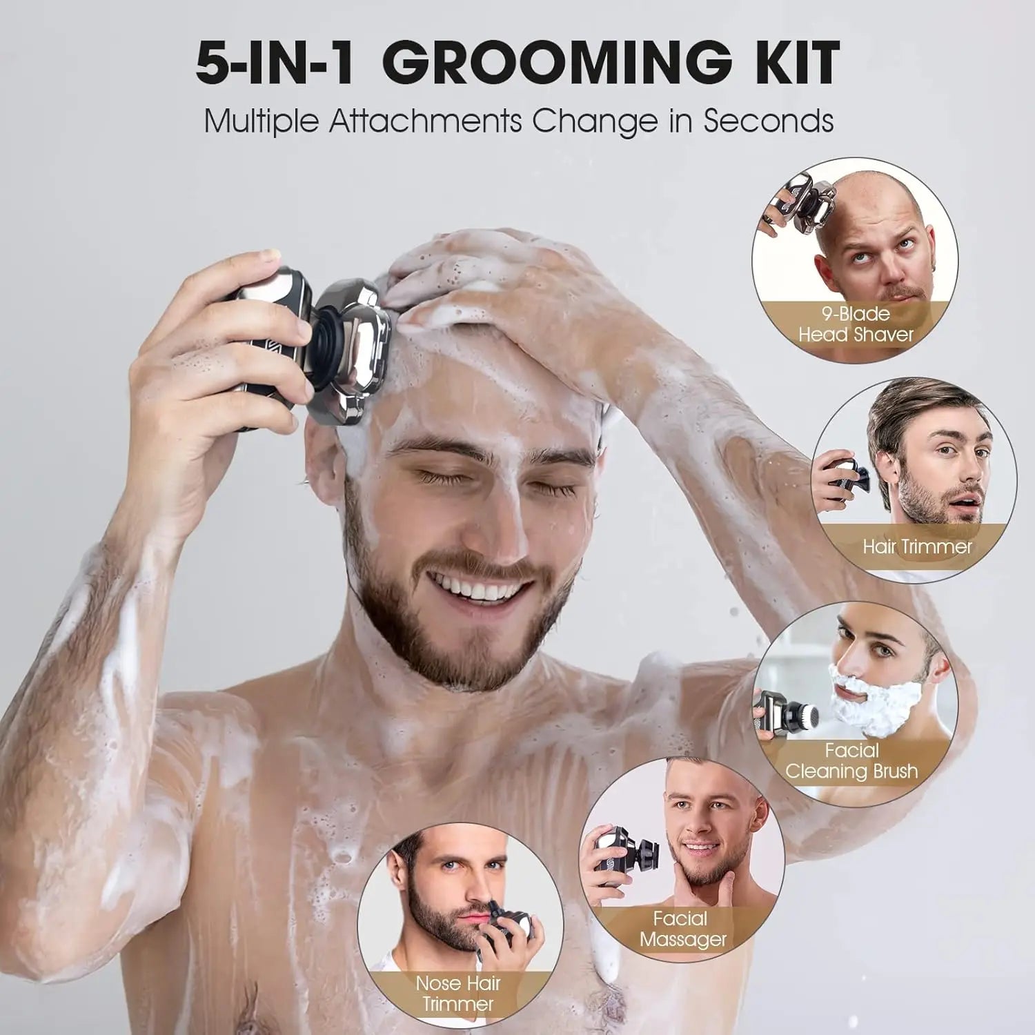 4D Bald Head Shaver – 9 Floating Heads, 6-in-1 Waterproof Razor