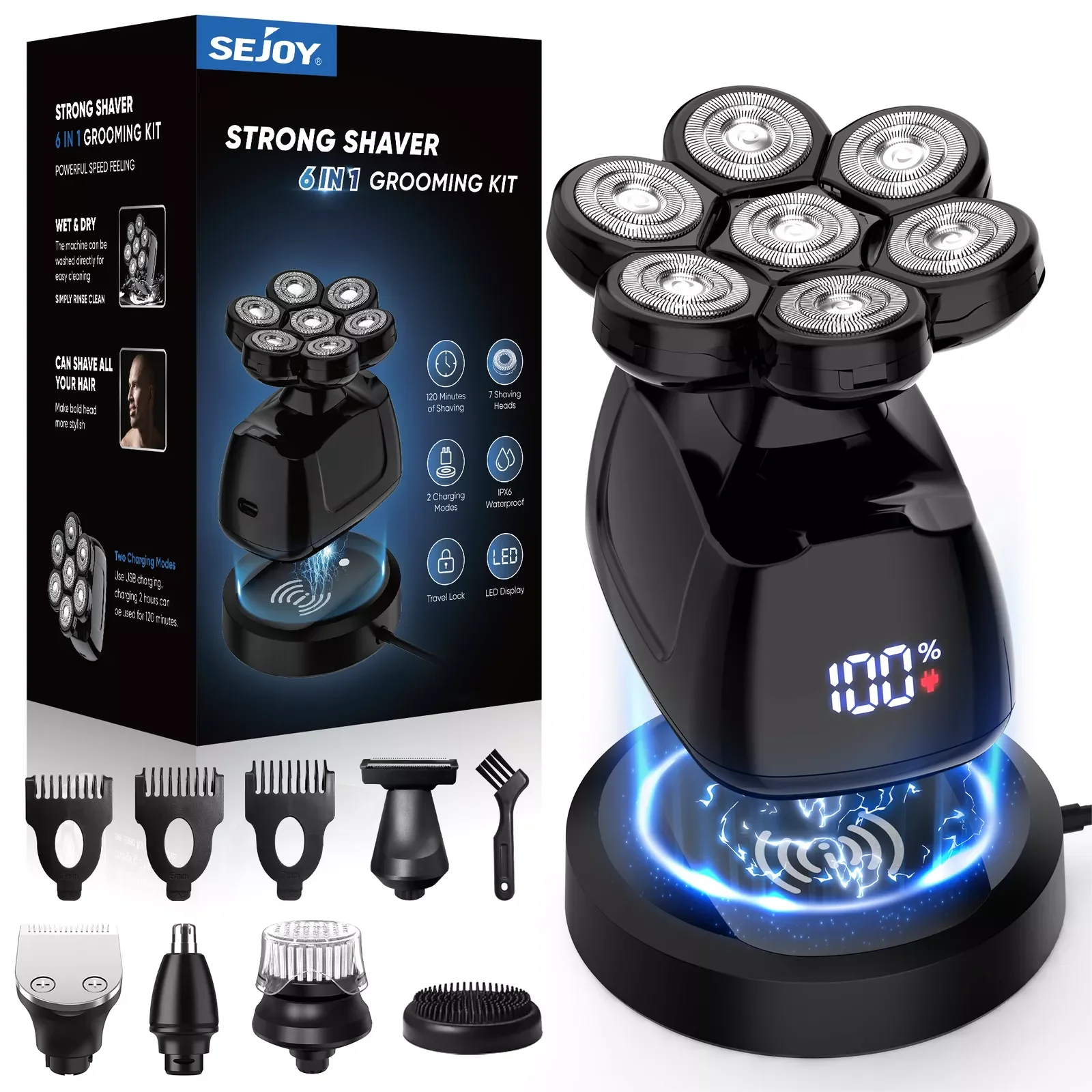 SEJOY 6-in-1 Electric Head Shaver – 7D Razor, Waterproof Grooming Kit