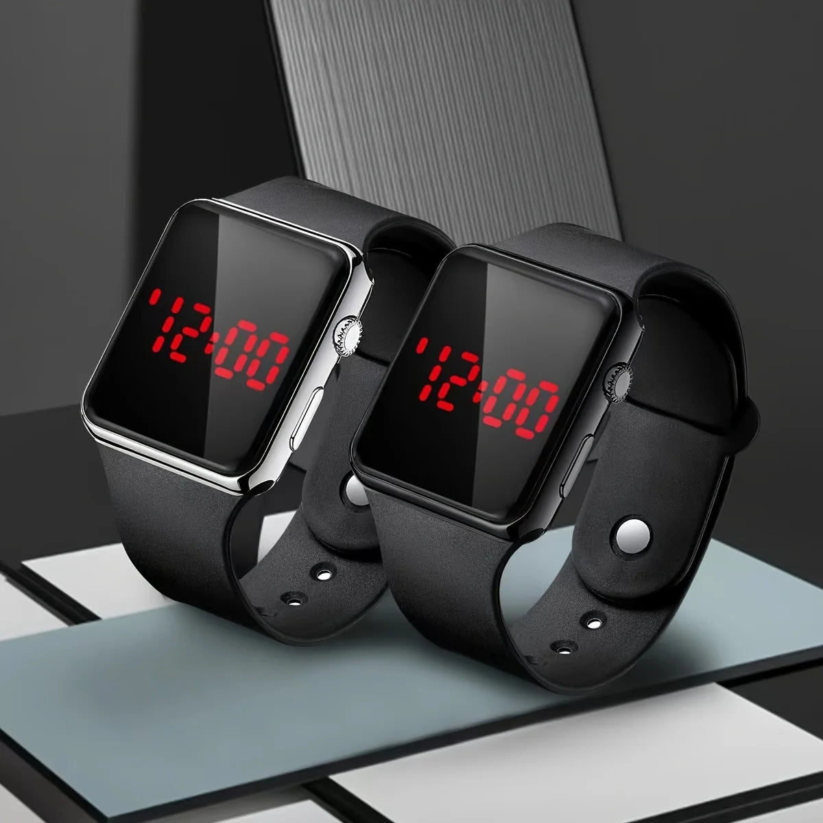 2Pcs Fashion Couple Sports Digital Watches – Square Silicone Band