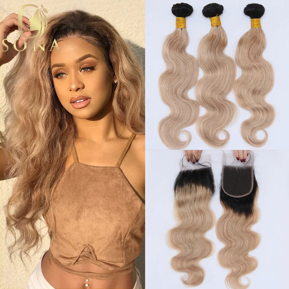 Honey Blonde Ombre Hair Bundles – 3 Bundle Set with Closure & HD Lace