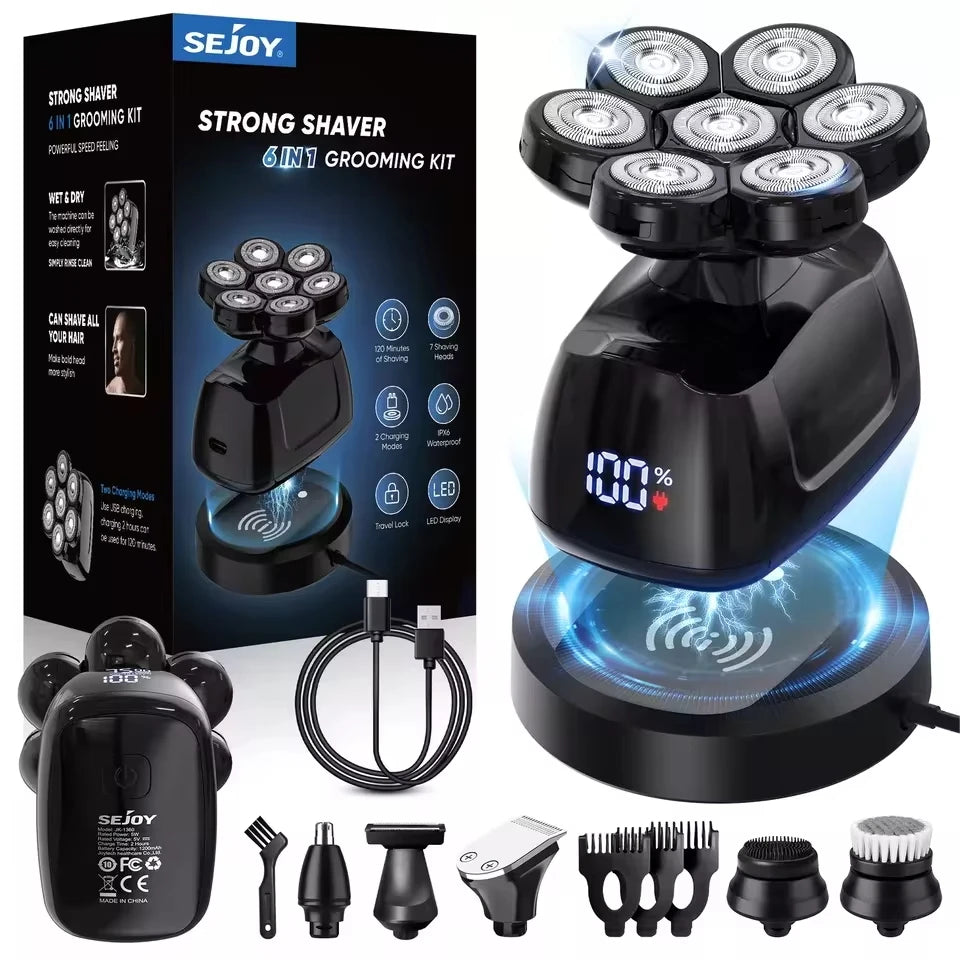 SEJOY 6-in-1 Electric Head Shaver – 7D Razor, Waterproof Grooming Kit