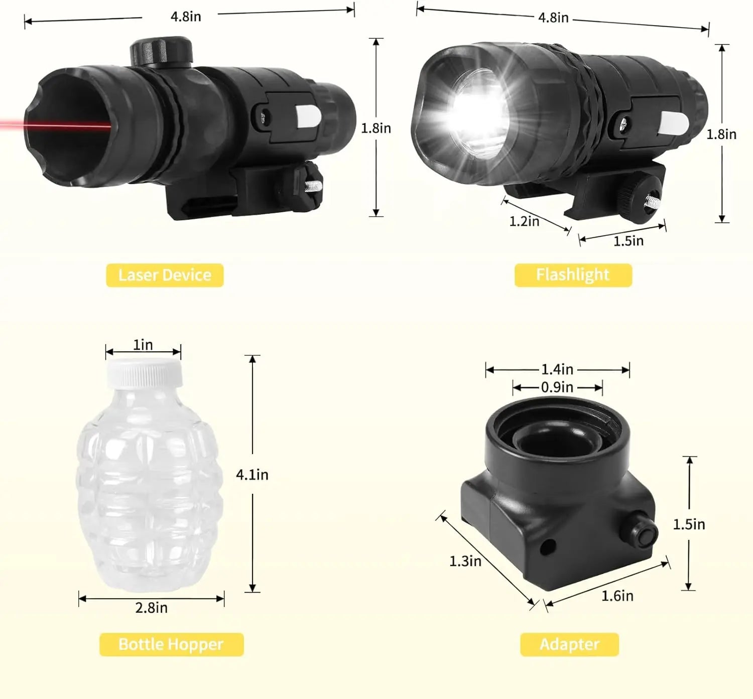 Gel Ball Gun Accessories – Laser, Bottle Adapter, Hopper & Flashlight