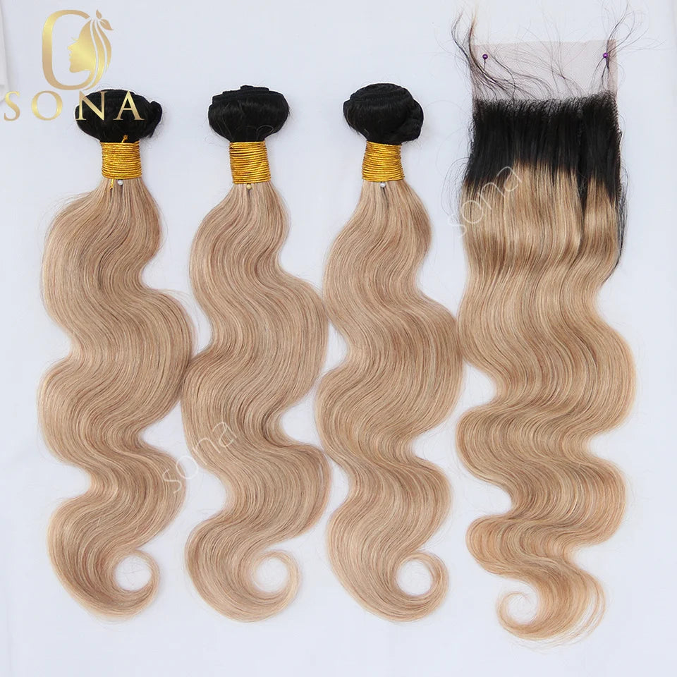 Honey Blonde Ombre Hair Bundles – 3 Bundle Set with Closure & HD Lace